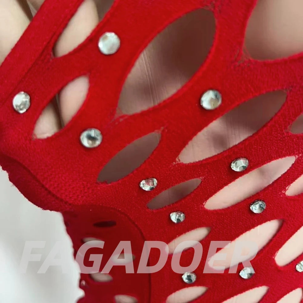 FAGADOER Sexy Hollow-out Rhinestone Patchwork Bodycon Rompers Woman Halter Sleeveless Backless Jumpsuits Female Party Clubwear