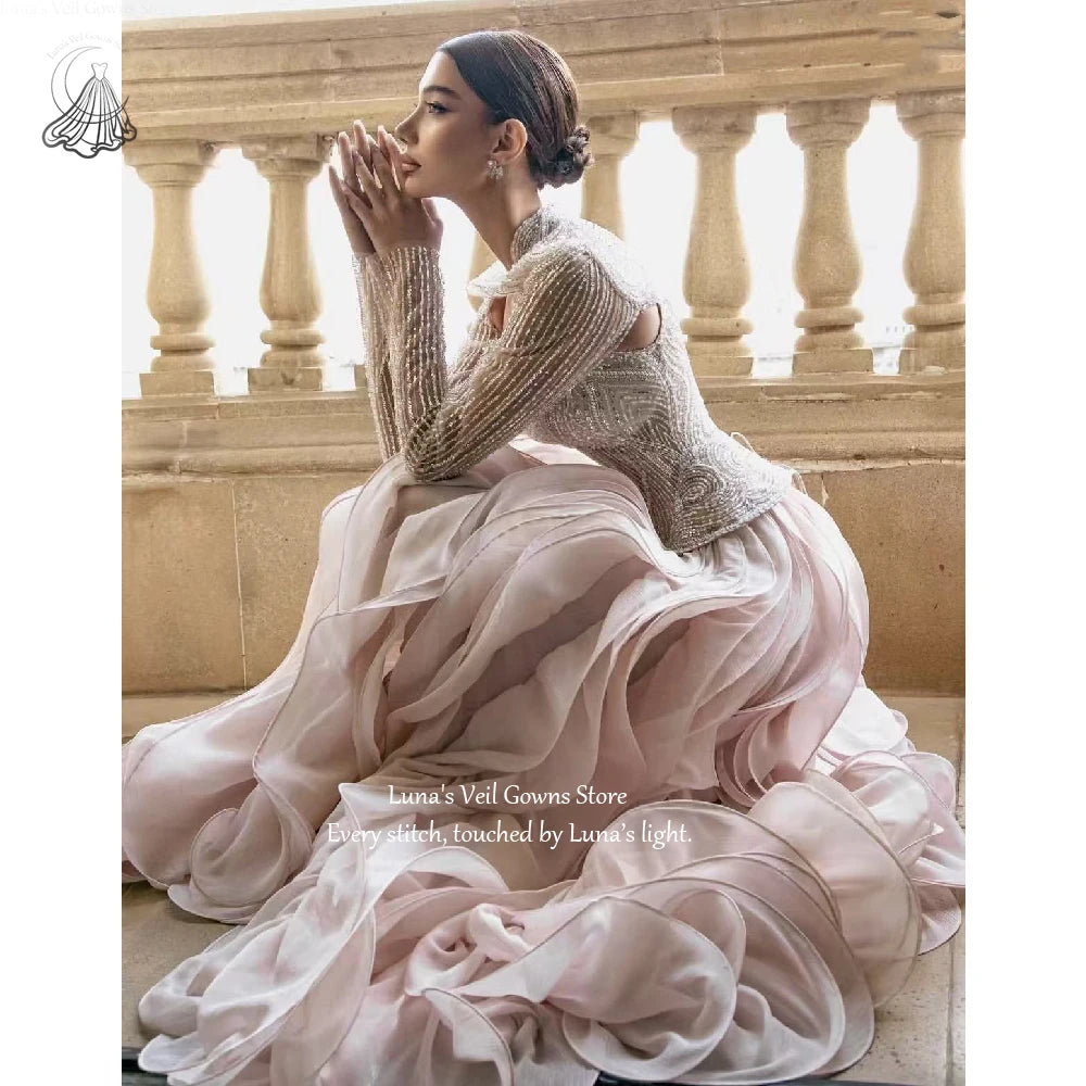 LunaV Elegant Evening Dresses Sexy V-Neck Long Sleeve Beaded Layered Ruffled High Slit Prom Dress Formal Vestidos Customized