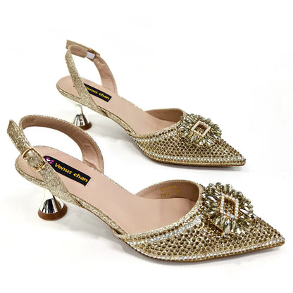 Latest Elegant Wedding Italian Diamond Design Shoes Women's African Party Shoes Crystal Shoes High School High Heels