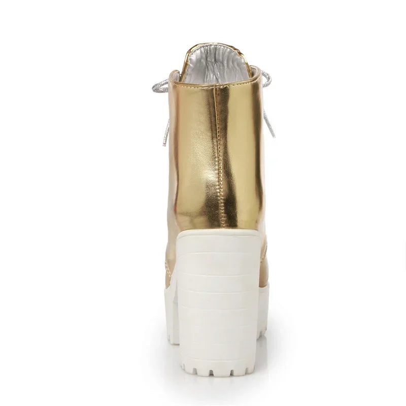 British Silver Gold Ankle Boots Women High Chunky Heels Dress Lady Round Toe Lace-up Spring Autumn Vintage Platform Short Boots