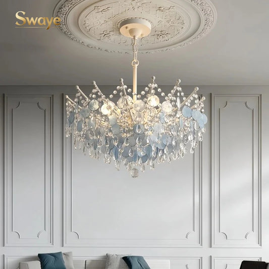 French Luxury LED Pendant Lights Blue White Natural Shell Crystal Chandelier Lamps for Romantic Living Dining Bedroom Home Decor