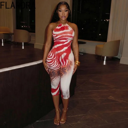 FLARORA Sexy Zebra Stripe Print Jumpsuits Woman Halter Sleeveless Backless Skinny Peach Hip Playsuits Hot Girl Street Overalls