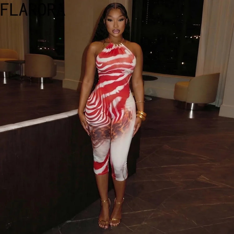 FLARORA Sexy Zebra Stripe Print Jumpsuits Woman Halter Sleeveless Backless Skinny Peach Hip Playsuits Hot Girl Street Overalls