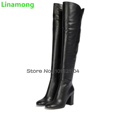 Square Heel Round Toe Leather Fabric Boots For Female Women 2024 Winter New Over-the-knee Side Zipper Elegant Fashion Solid Shoe