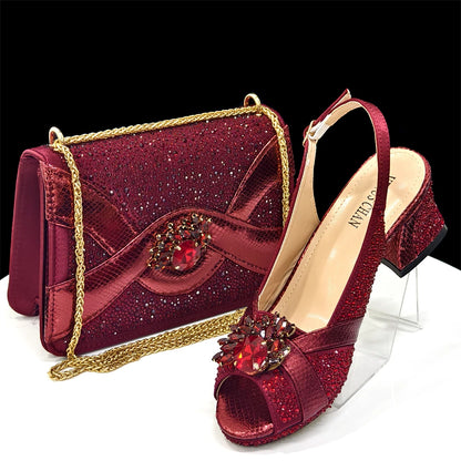 2025 Elegant Women's Peep-Toe Heels and Matching Wine Color Diamond Pumps Set - Stylish Italian Shoes and Bags for Parties