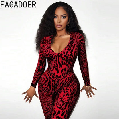 FAGADOER Fashion Leopard Printting Patchwork Bodycon Jumpsuits Woman Low-cut Long Sleeves Rompers Female Streetwear Overalls New