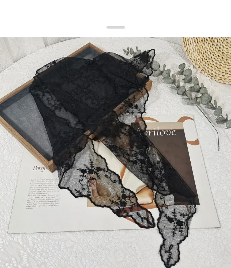 Lace Embroidered Silk Scarf Women's Long Neck Versatile Triangle Decorative Headscarf Korean Version Literary Yarn Shawl