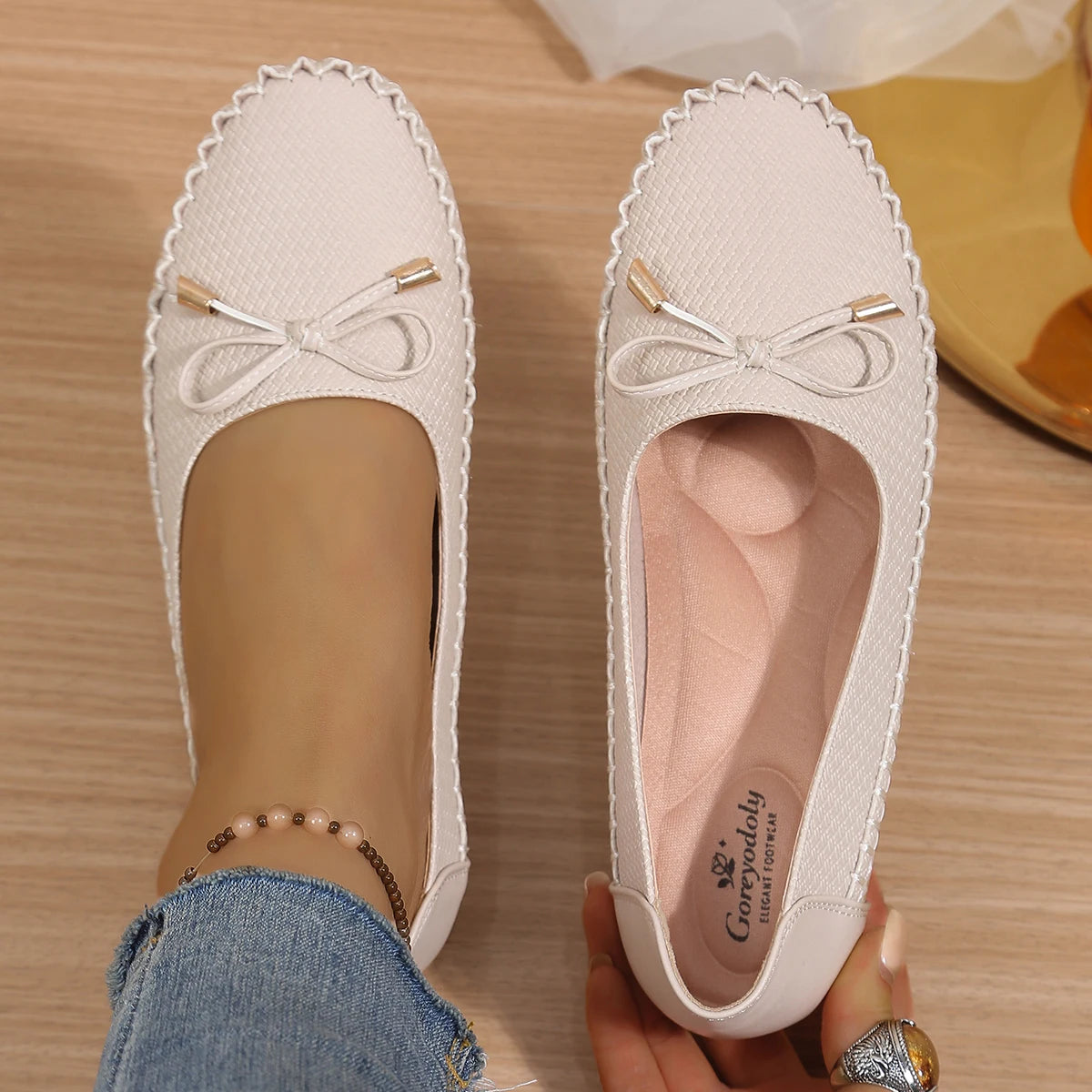 Goreyodoly Womens Casual Slip On Flats Woven Pattern Bow Breathable Lightweight Comfortable Daily Walking Shoes