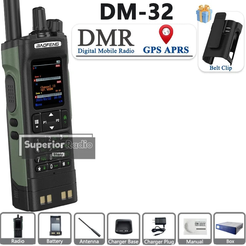 BAOFENG DM-32 Walkie Talkie with Belt Clip Hoster DMR Digital Radio GPS APRS Dual Mode Analog 999 Channel Type-C Dual Time Slots