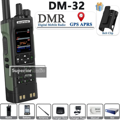 BAOFENG DM-32 Walkie Talkie with Belt Clip Hoster DMR Digital Radio GPS APRS Dual Mode Analog 999 Channel Type-C Dual Time Slots