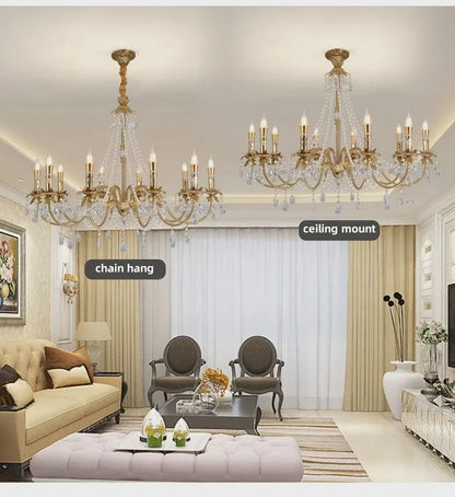 American Luxury Candle E14 Chandelier Living Room Lustre Crystal Hanging Lamp Copper Suspend Lamp Led Luminarias Decor Lamparas