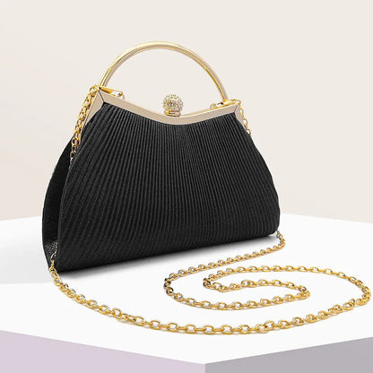Pleated Evening Handbag Women Top Handle Glitter Day Clutch Ladies Wedding Dinner Dressed Clip Bag Diamond Party Purse Gold