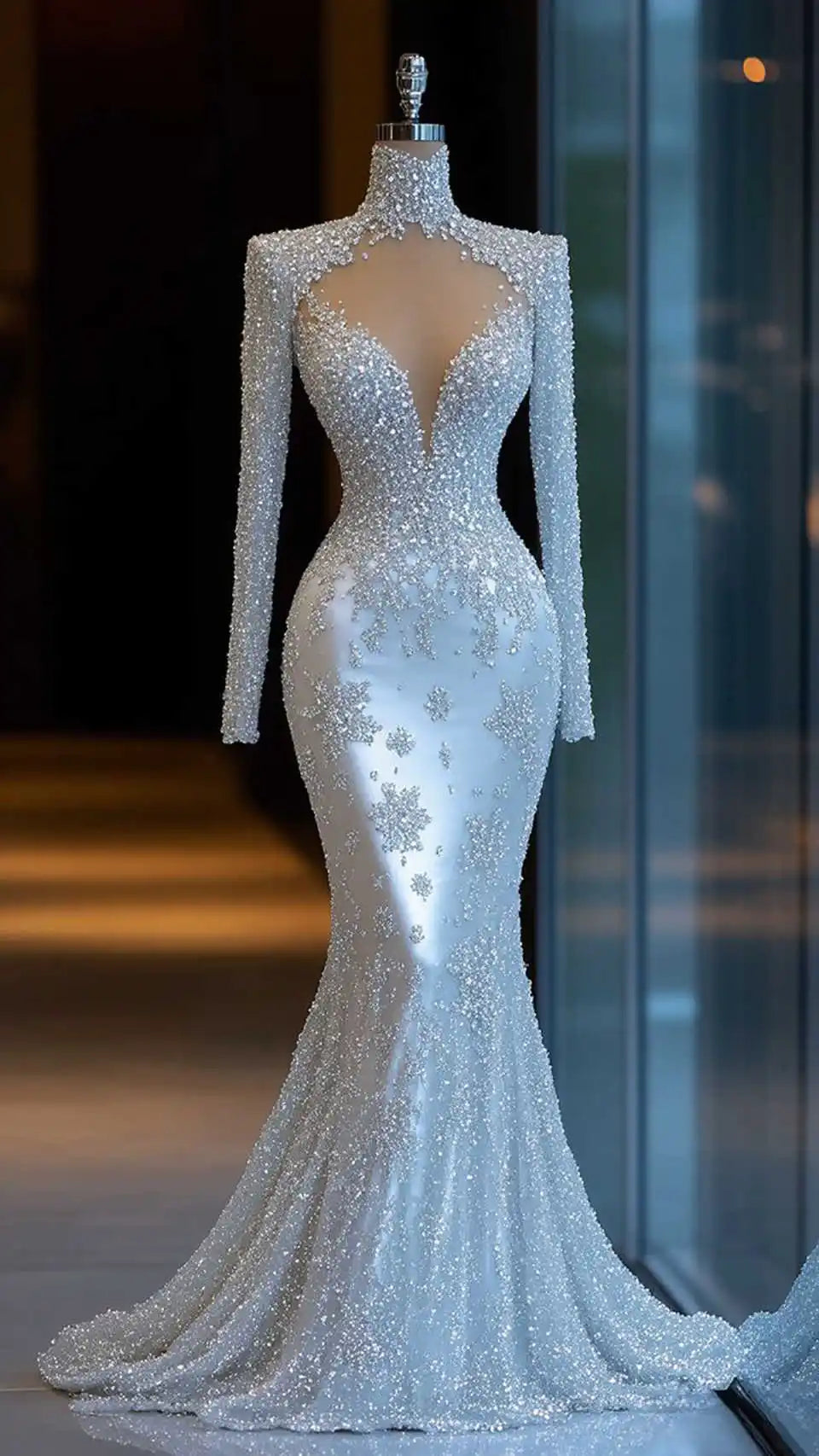 Graceful Blue Mermaid Evening Dress With V-Neck Lace Sequins Princess Full Sleeve Customized Vestidos De Novia