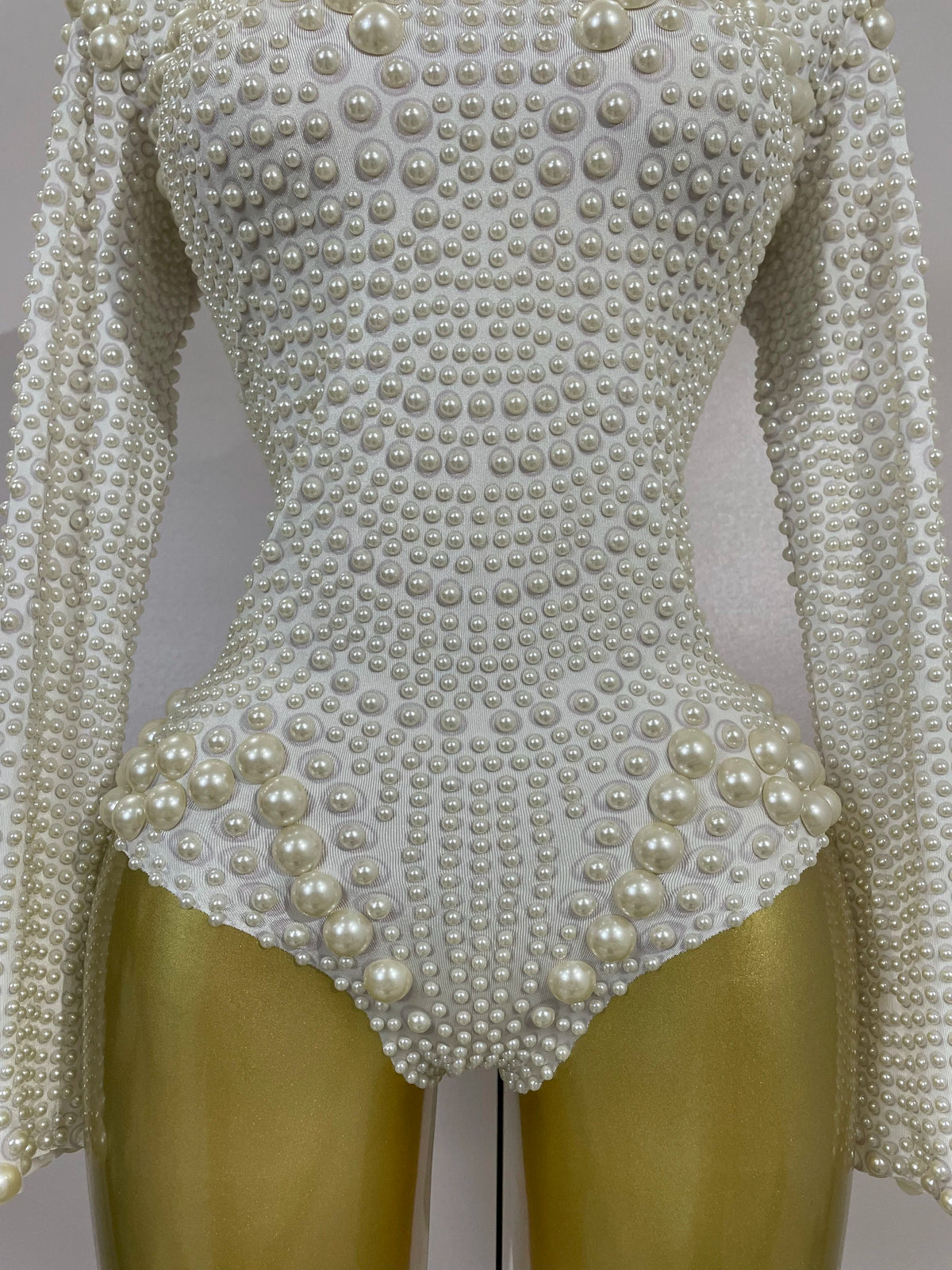 Luxury White Full Pearl Long Sleeved Stretch Bodysuit Women Birthday Evening Party Celebrate DJ Performance Nightclub Stage Wear