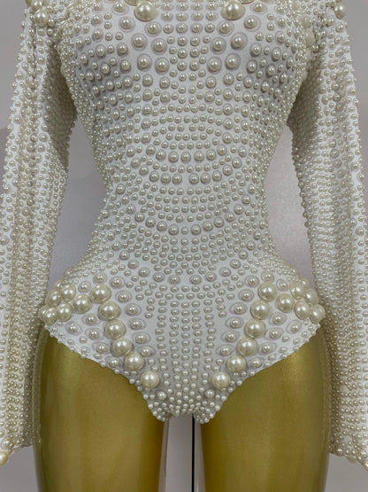 Luxury White Full Pearl Long Sleeved Stretch Bodysuit Women Birthday Evening Party Celebrate DJ Performance Nightclub Stage Wear