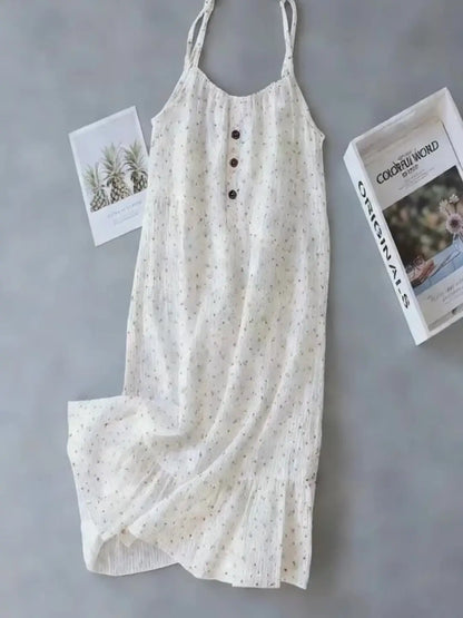 Women Floral Nightdress Sleeveless Cami Nightgown Loose Crinkle Sleep Dress Button Front Ruffle Hem Summer Loungewear
