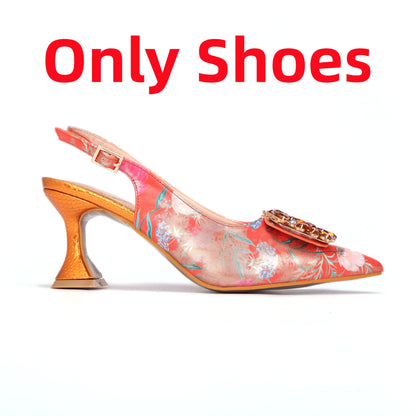 Newest Green Color Print Design High Heels Decorated with Water Rhinestone Party Women's Shoes and Bags Set