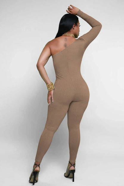 Fashion Knit Ribbed Women One Shoulder Long Sleeve Yoga Sport Sexy Jumpsuit Streetwear Playsuit One Piece Suit Romper Outfit