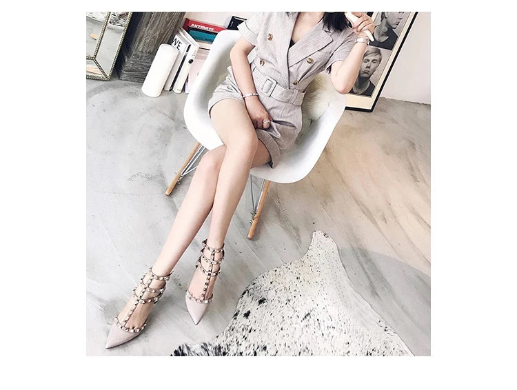 Women's Gladiator Sandals Summer 2026 Rivet High-heeled Three Straps Real Leather Ankle Luxury Brand Designer Pumps Ladies Shoes