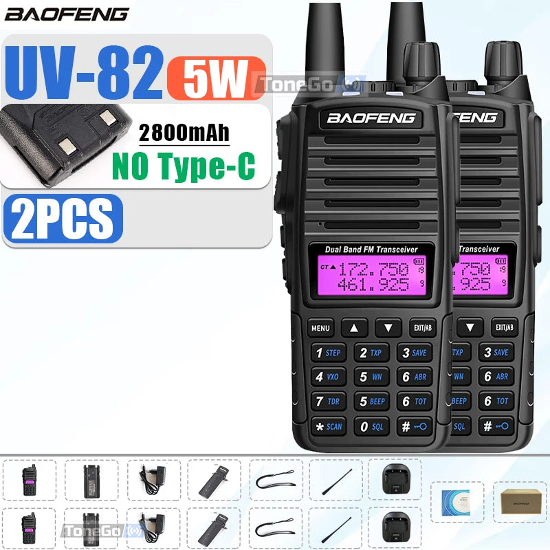 1/2Pcs Baofeng UV-82 Walkie Talkie 5/8W Tri-Power FM Radio Type-C Charger Dual PTT Dual Band VHF/UHF Two Way Camouflage For Hunt