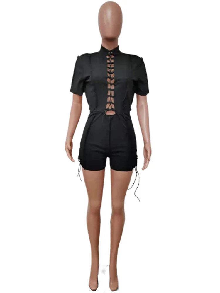Wholesale Streetwear Jumpsuit Women 2023 One-pieces Outfits Rompers Summer Green Short Sleeve Bodycon Casual Bandage Playsuits