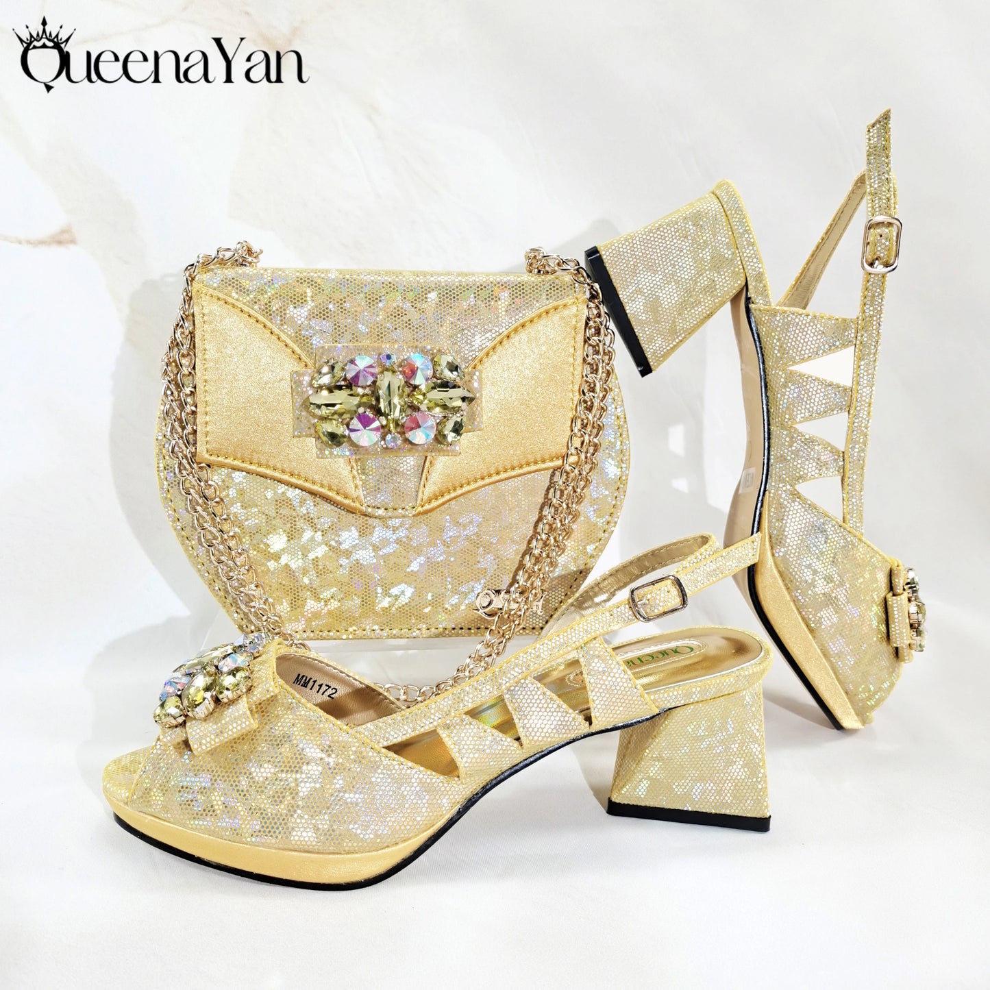 Queena Yan New Arrival  Special Synthetic Fabrics Design Teal Color Women's Matching Shoe and Bag Set  for Weddings and Parties