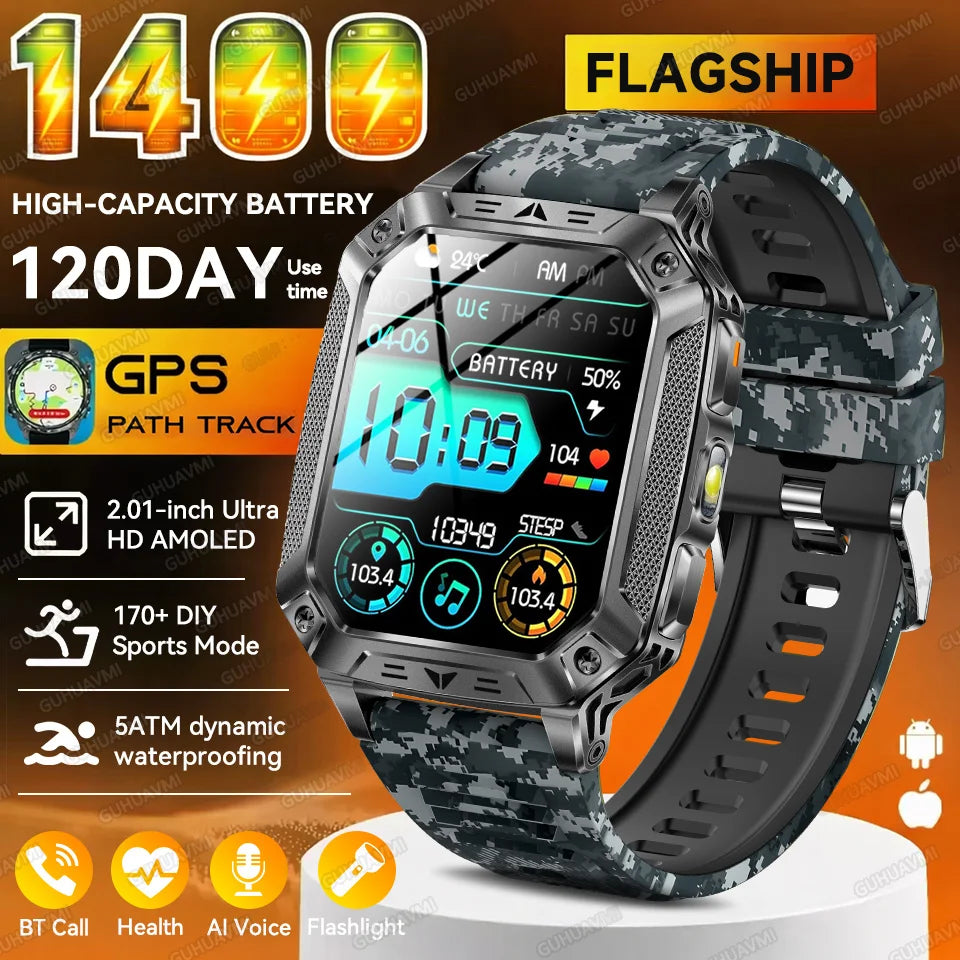 2026 New Outdoor GPS Smart Watch 1400mAh High Capacity Battery 2.01" Sapphire Screen 10ATM Waterproof Dual-color Lamp Smartwatch