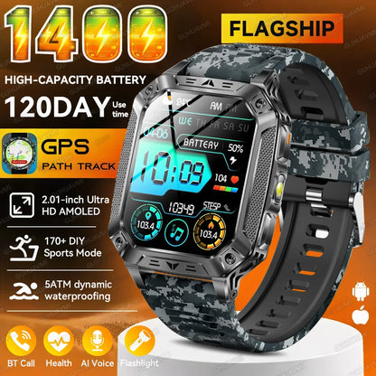 2026 New Outdoor GPS Smart Watch 1400mAh High Capacity Battery 2.01" Sapphire Screen 10ATM Waterproof Dual-color Lamp Smartwatch