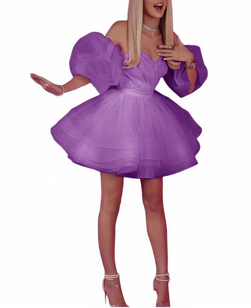 Satin and Tulle Off Shoulder Party Prom Dresses Sweetheart Short Homecoming Dress A-Line Bubble Sleeves Ball Gowns