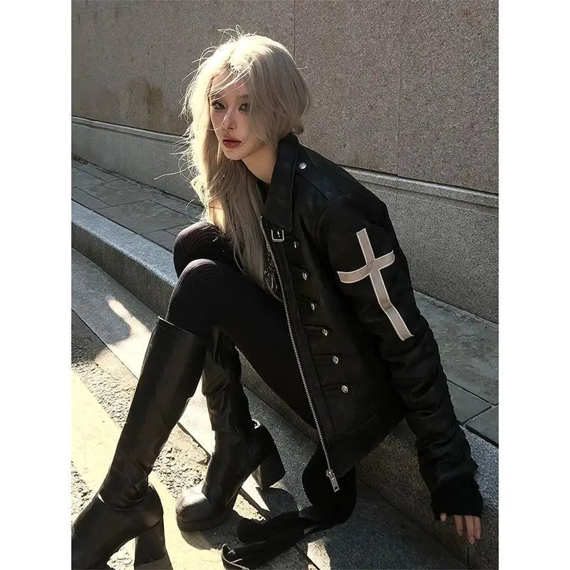 American Vintage Subculture Punk Jacket Long Sleeve Black Coat Slim Gothic Streetwear Casual Outerwear Daily Outfits 2026