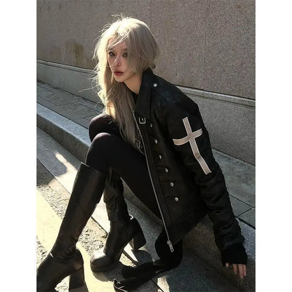 American Vintage Subculture Punk Jacket Long Sleeve Black Coat Slim Gothic Streetwear Casual Outerwear Daily Outfits 2026