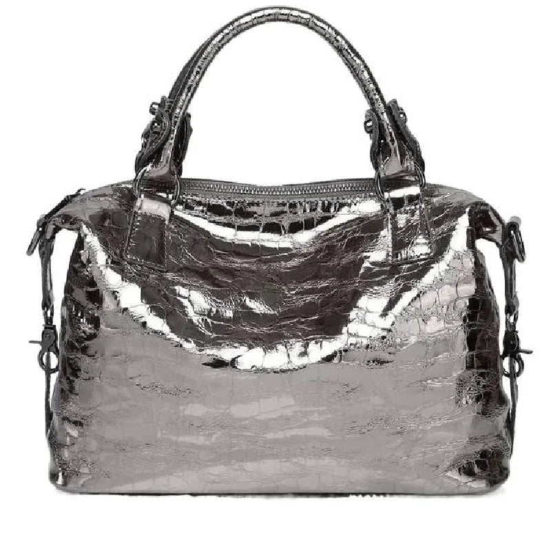 Real Leather Shiny Tote Handbags For Women Fashion Genuine Cowhide Leather Metallic Lady Bags With Shiny Embossed Coating