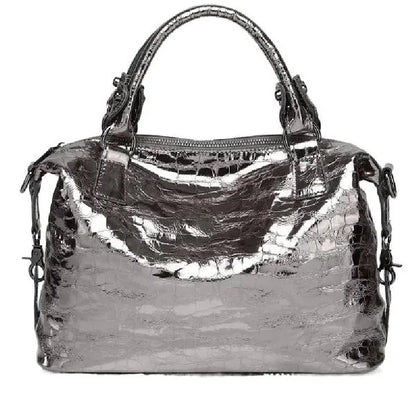 Real Leather Shiny Tote Handbags For Women Fashion Genuine Cowhide Leather Metallic Lady Bags With Shiny Embossed Coating