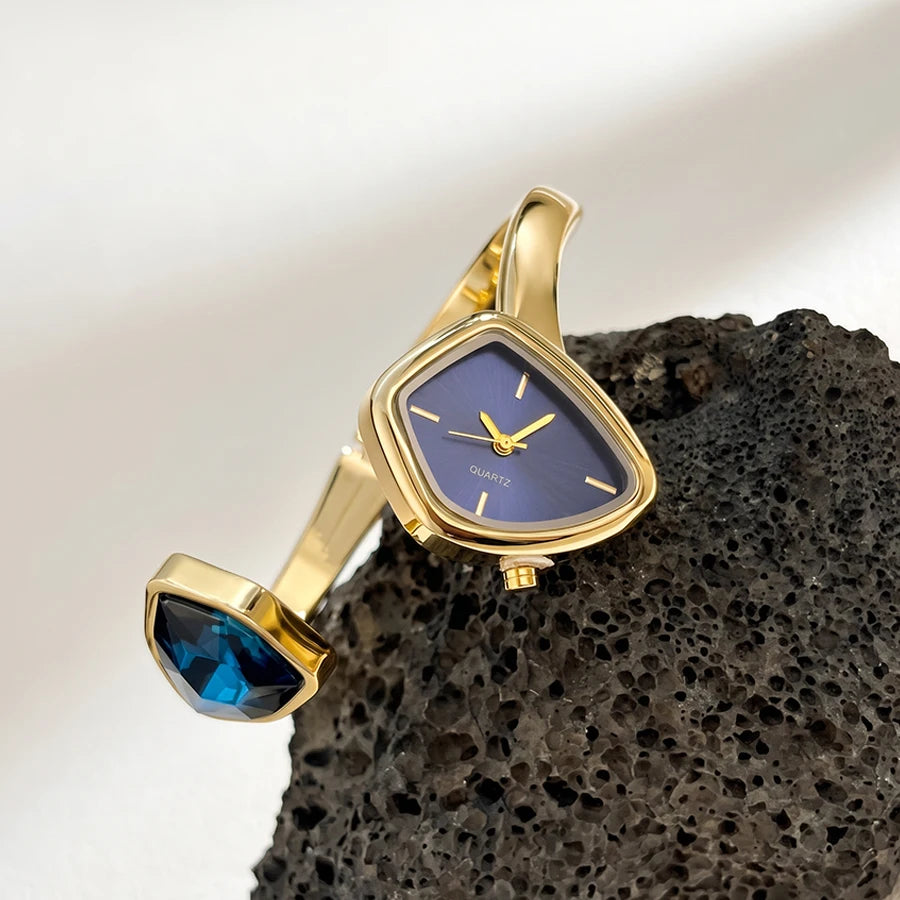 Stylish Irregular Dial Big Diamond Open Cuff Gold Watch for Woman