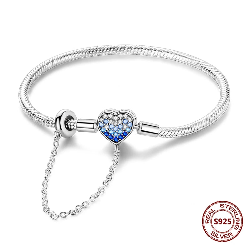Silver 925 Bracelet Original Bracelets Colorful Zircon Heart Flower Cat Snake Chain For DIY Charms 17-20CM Luxury Jewelry Gifts