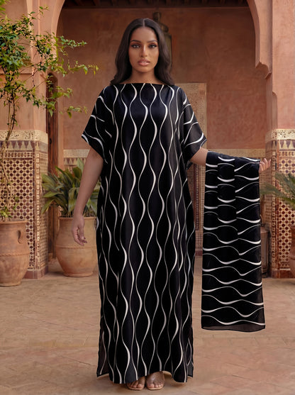Minimalist Wave Line Print Satin Abaya With Scarf, Loose Maxi Kaftan For Muslim Women Summer Beach Holiday Wear