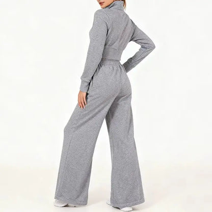 Streetwear Cool Cropped Zip Up Sweatshirt Two-Piece Set for Women Sport Tops with Elastic Waist Drawstring Wide-Leg Pants Suit
