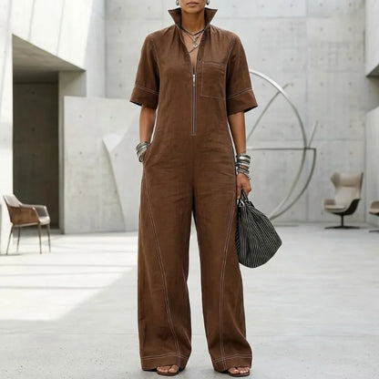 Yeezzi Women Vintage Contrast Stitch Wide Leg Jumpsuits 2026 New Half Sleeves Loose Zipper Pockets Casual Office Ladies Overalls