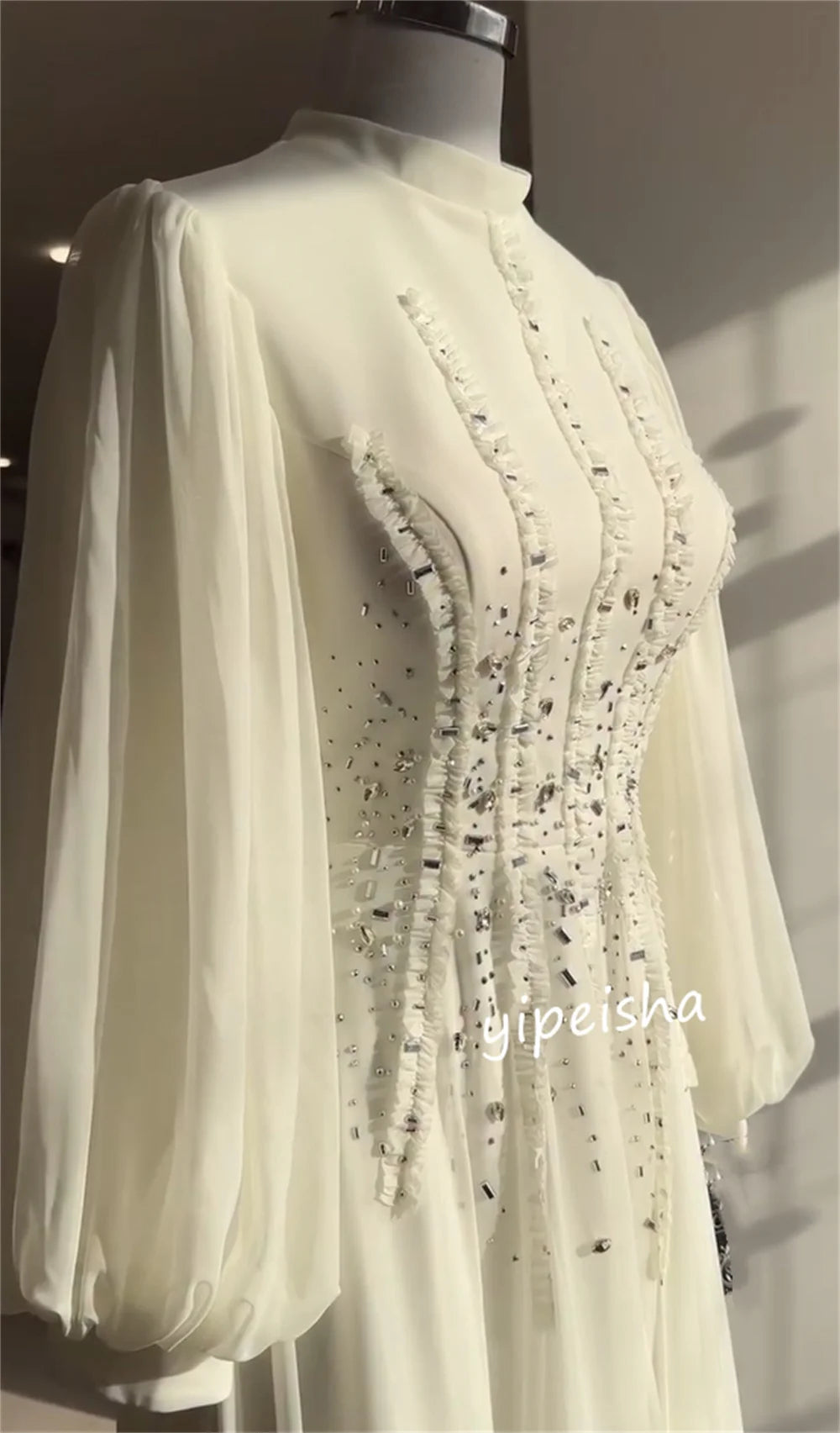 Customized Classic Chiffon Pleat Sequined A-line High Collar Long Dresses Bespoke Occasion Homecoming Sizes Available