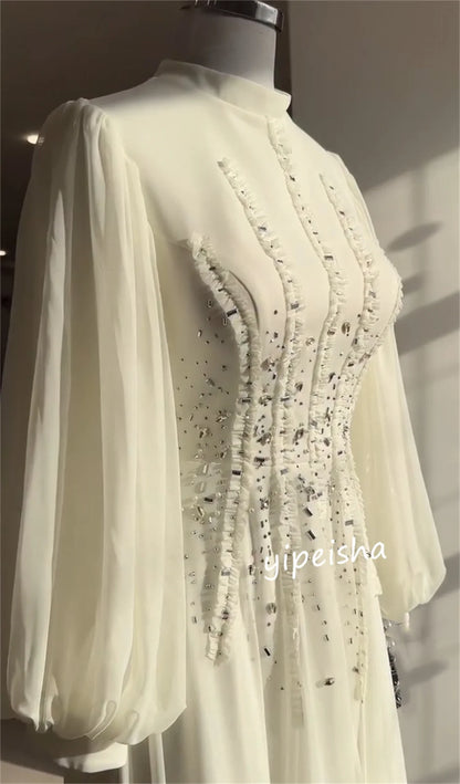 Customized Classic Chiffon Pleat Sequined A-line High Collar Long Dresses Bespoke Occasion Homecoming Sizes Available