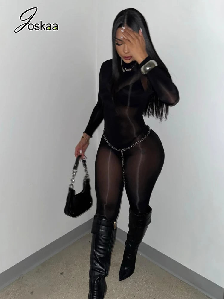 Joskaa See Through Jumpsuit High Stretchy Solid Long Sleeve Slim Bodyshape Socks Seamless Satin-Like Christmas New Year Outwear