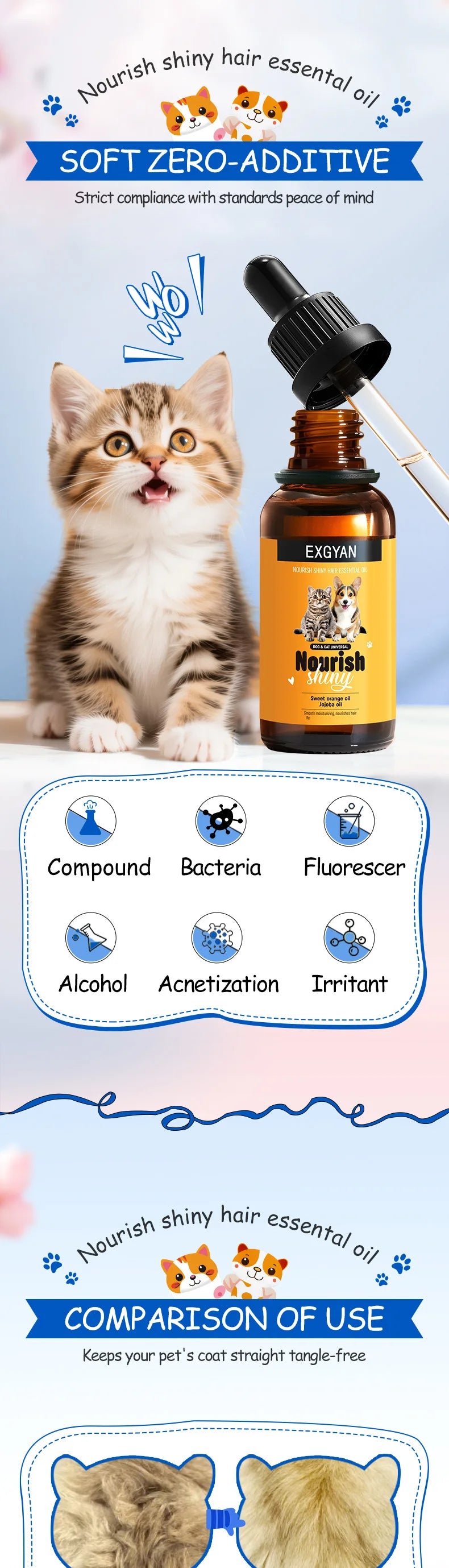 Pet dogs, cats, nourishing and brightening hair care essential oils, smooth and long-lasting fragrance, deodorizing