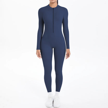 Solid Color Bodysuits for Woman's Backless Long Sleeved Zipper Yoga Jumpsuits High Dtrength Workout Sports Fitness Clothing Set