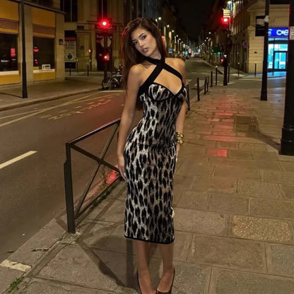 2026 Summer Fashion New Women's Elegant Design Leopard Pattern Dress Slimming Bag Hip Hanging Neck Hanging Long Dress