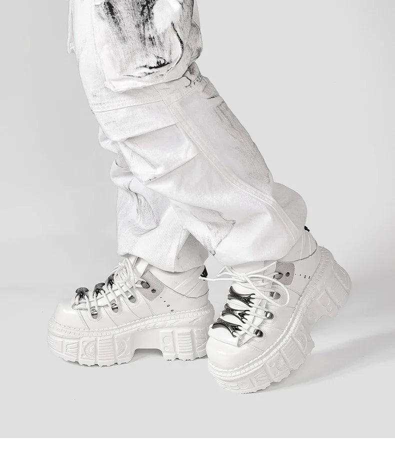 Gothic Ankle Rock Boots Women Shoes White Leather Platform New Punk Style Lace-up Heel Height Shoes Metal Decor Woman Sneakers
