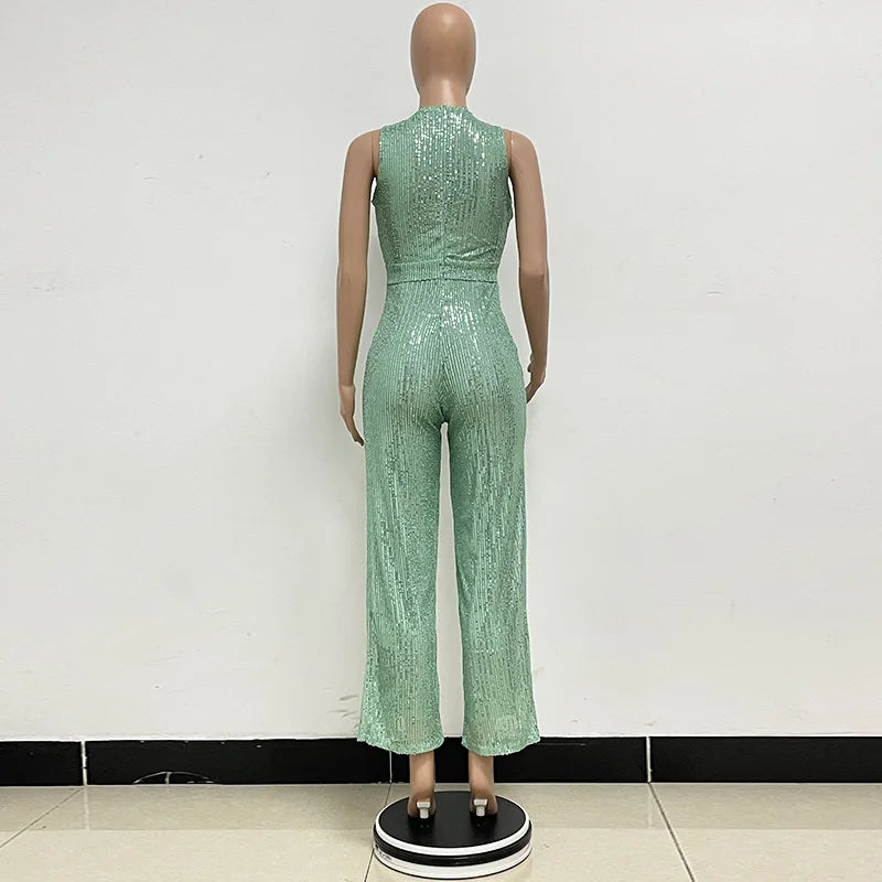 Bling Bling Sequined Club Jumpsuit Sexy Women O-neck Elegant Shiny Sliver Gold Sequins Straight Romper Overalls