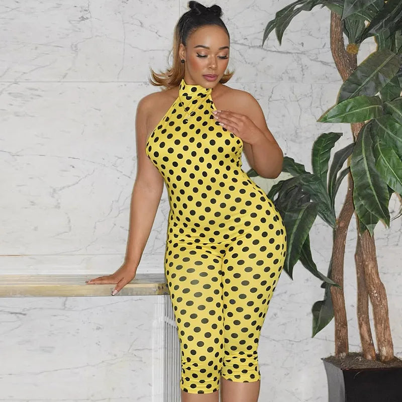FAGADOER Fashion Color Dot Printing Bodycon Jumpsuits Woman Halter Sleeveless Backless Rompers Female Streetwear Overalls 2026
