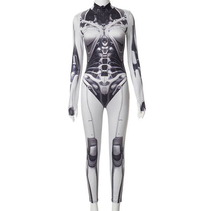 3D Printed Cosplay Bodycon Jumpsuits Y2k Techwear Long Sleeve Gothic Punk Playsuits Anime Women Mock Neck Zip Bodysuit