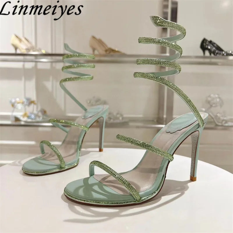 Summer Crystal Gladiator Sandals Women Rhinestone Twine Around Ankle Snake Wedding Shoes High Heels Sandals Woman