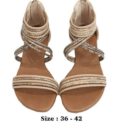 High quality leather flat sandals for women stripe zipper new summer 2026 36 42 open toe casual beach shoe black khaki brown